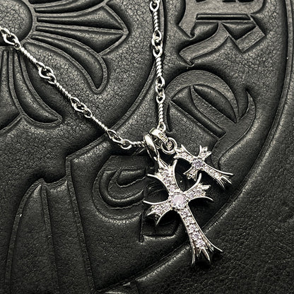 Punk hip-hop Thai silver plated 22K white gold double cross color diamond necklace sweater chain